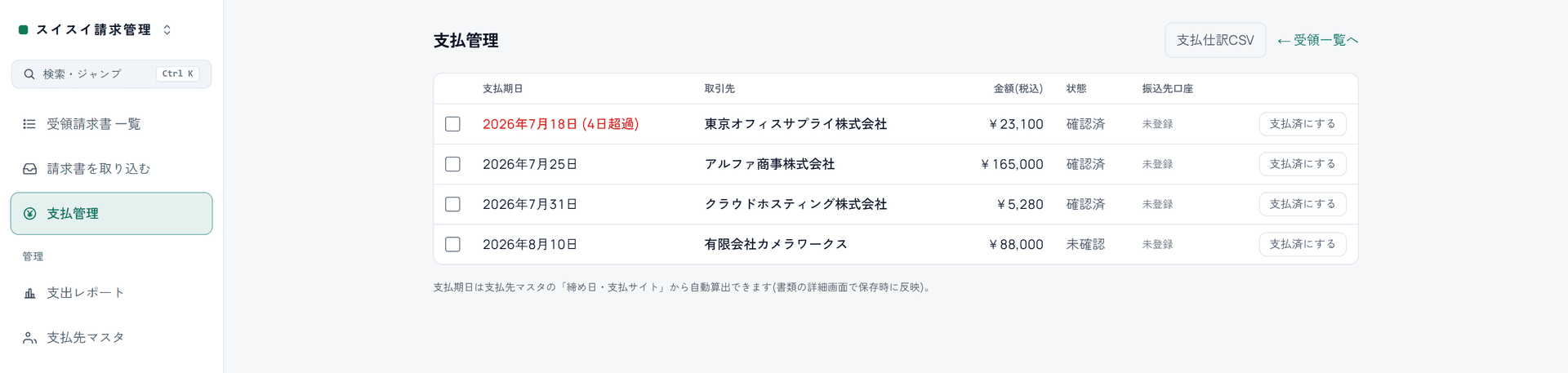 支払管理の画面。受け取った請求書が支払期日順に並び、期限超過の行は赤く表示されている